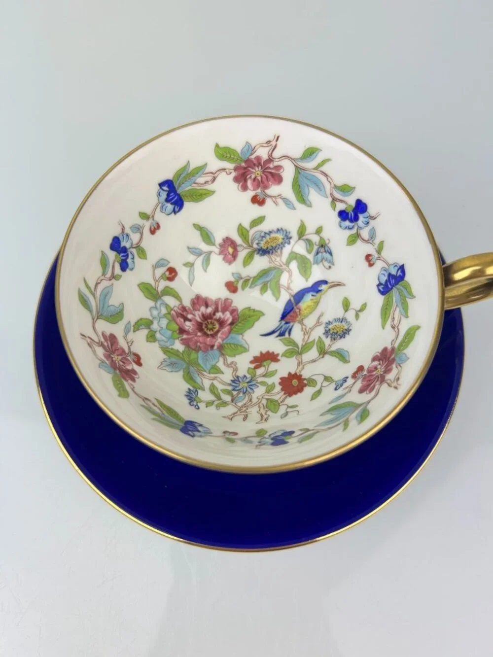Aynsley Millennium Limited Edition Cobalt Bird Floral Teacup Saucer Set England
